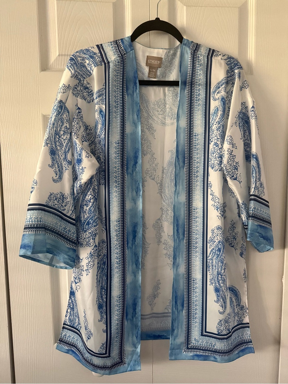 Chico's Blue and White Paisley Open-Front Kimono